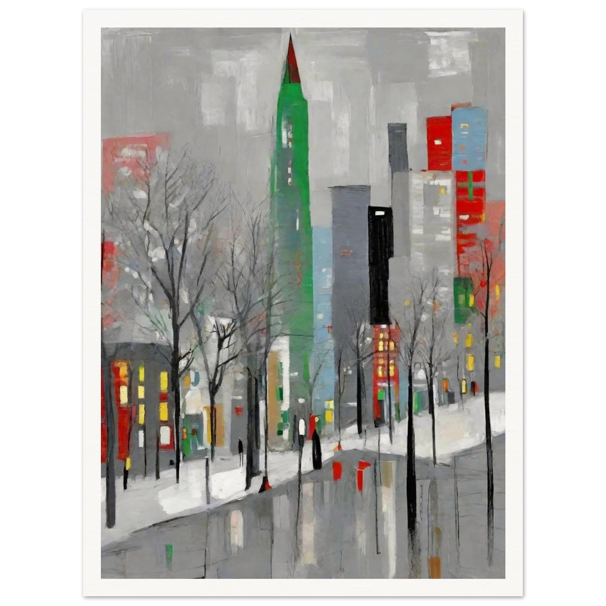 A modern winter cityscape featuring tall buildings in muted tones with pops of red and green, leafless trees, and snow-covered streets.