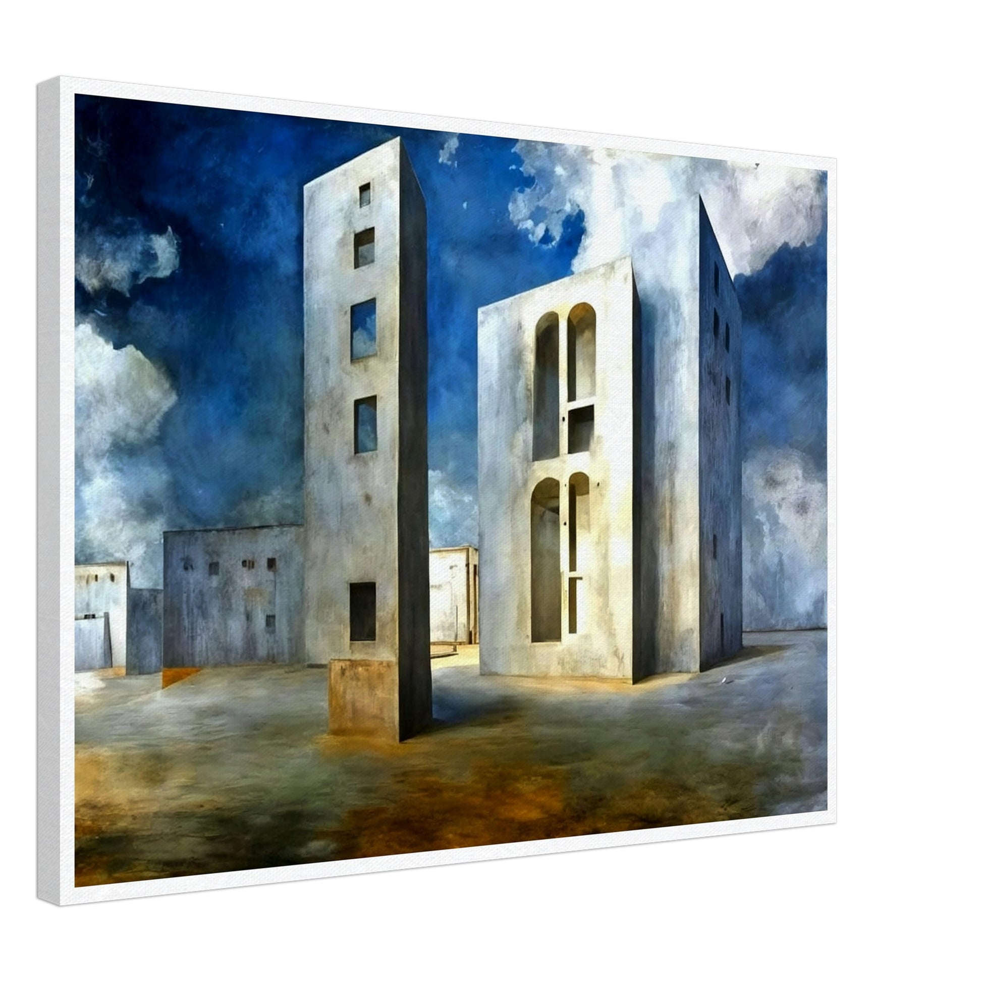 A surreal landscape featuring towering, geometric buildings with windows and arches set against a deep blue sky with dramatic clouds.