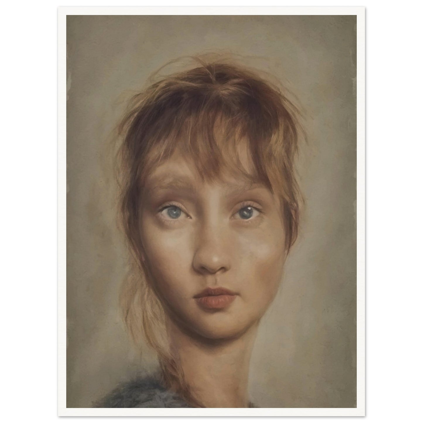 A realistic portrait of a young woman with soft features, pale blue eyes, and light brown hair, gazing forward with a serene expression in muted, natural tones.