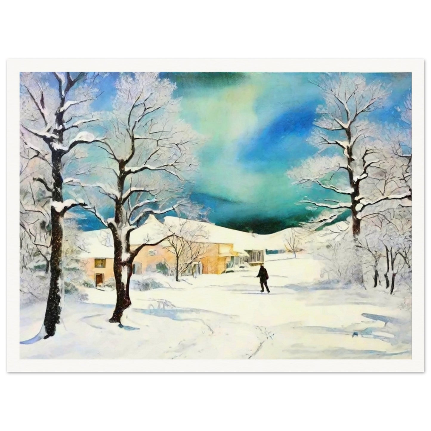 A serene winter landscape featuring snow-covered trees, a lone figure walking through the snow, and warm houses nestled under a stunning blue-green sky.