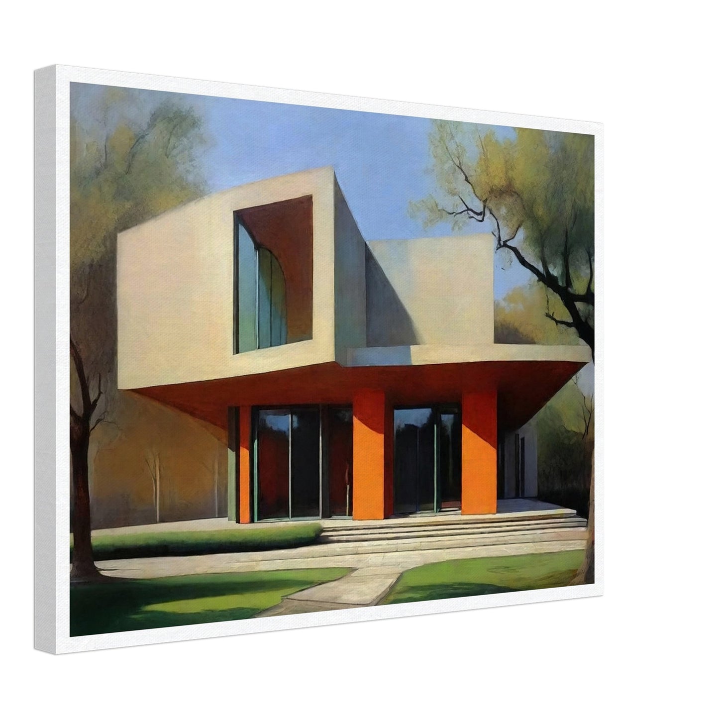A striking modern architectural building with clean lines and orange accents, bathed in soft sunlight surrounded by trees.