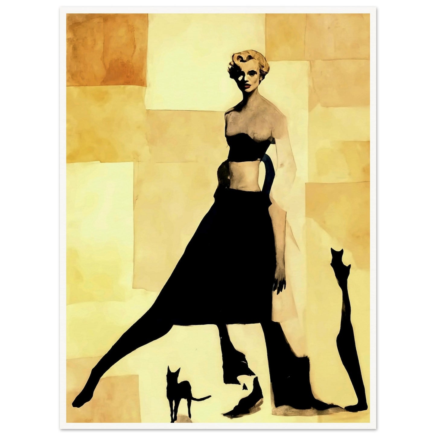 "An abstract, minimalist painting of a stylish woman in black silhouette, accompanied by shadowy figures of two cats against a beige background."
