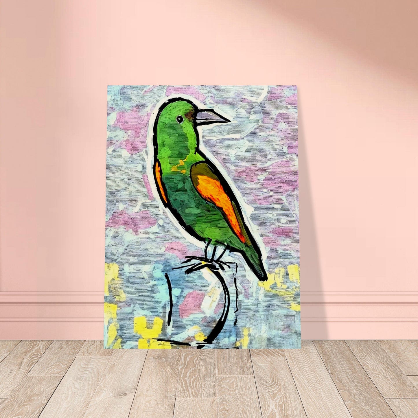 A colorful green and orange bird sits perched against a soft, textured pastel background, highlighting its vibrant feathers and watchful gaze.