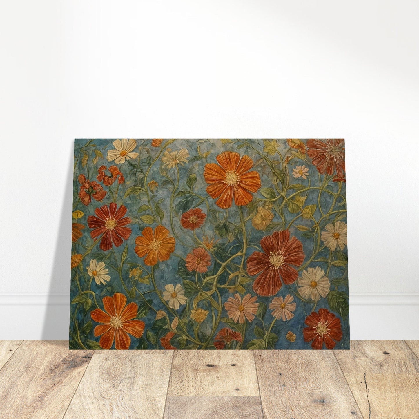 A detailed painting of various orange and white flowers with lush green stems against a blue background.