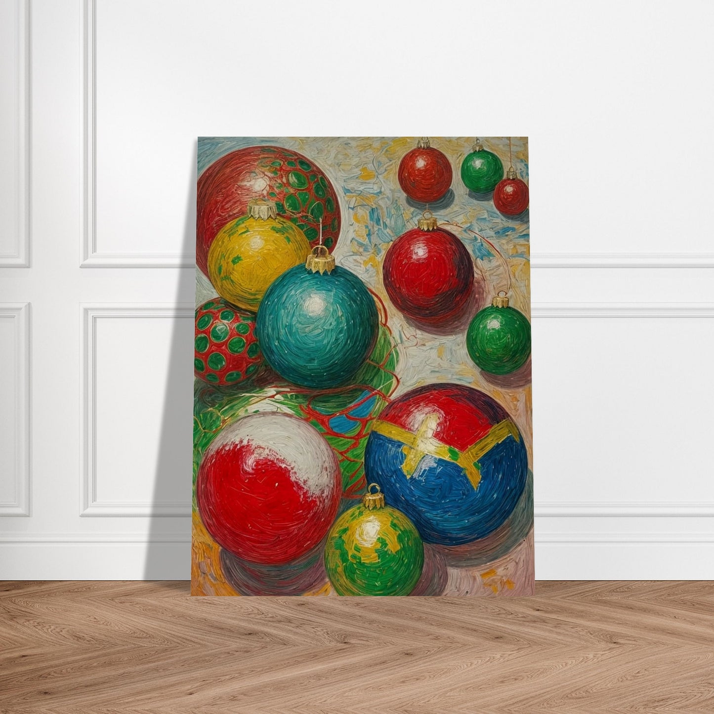 A collection of colorful Christmas ornaments in red, green, blue, and yellow, arranged in a playful and vibrant composition, evoking holiday cheer.