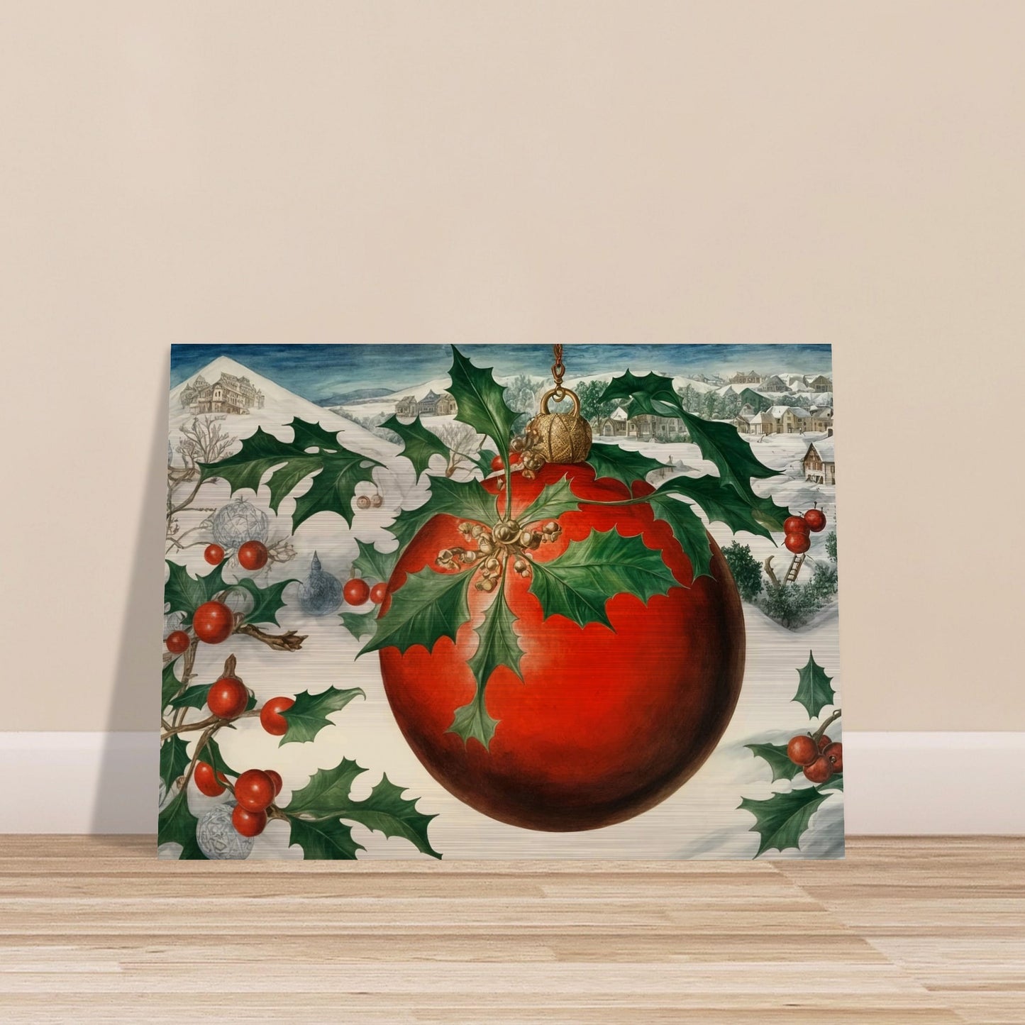 A large red Christmas ornament adorned with holly leaves and berries, set against a snowy village landscape, evoking the holiday spirit in a wintry setting.