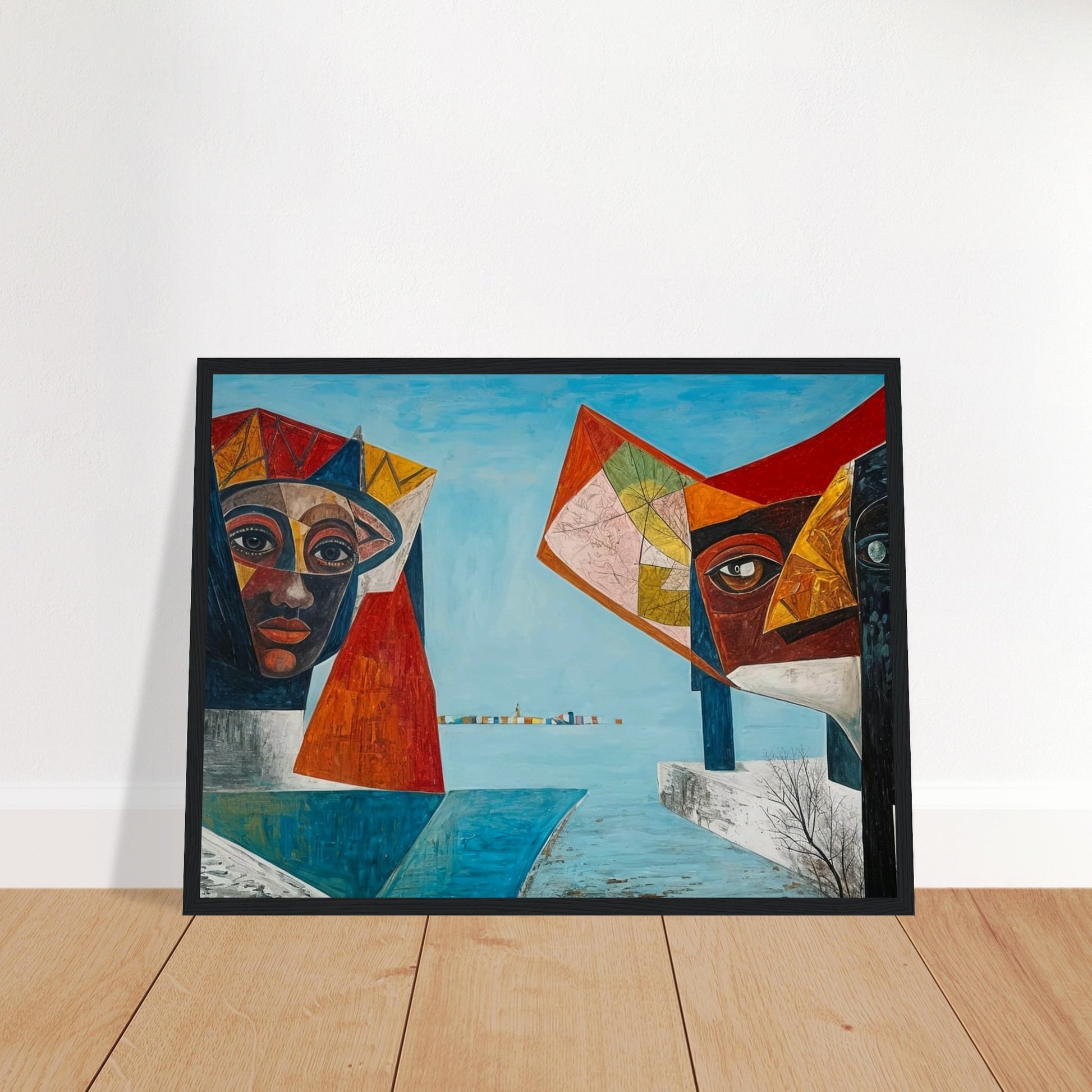 A surreal painting featuring two large, colorful, and abstract guardian faces, positioned on either side of a serene blue seascape, with a distant horizon marked by a row of vibrant structures.