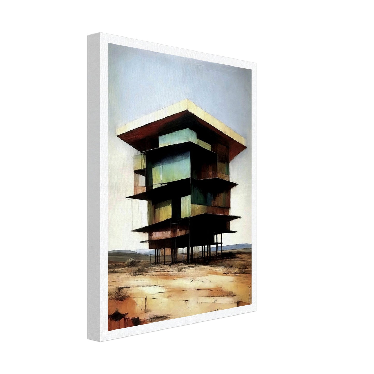 A modern, multi-level building standing on tall stilts in a desolate desert landscape, with earthy tones and a minimal sky.
