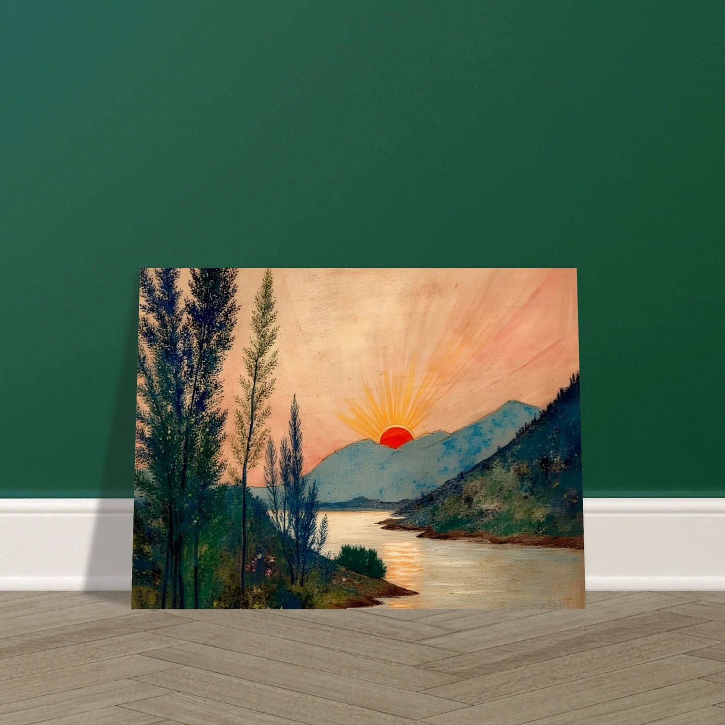 A vivid sunrise glows over misty mountains and a calm river, framed by tall trees and soft pastel skies.