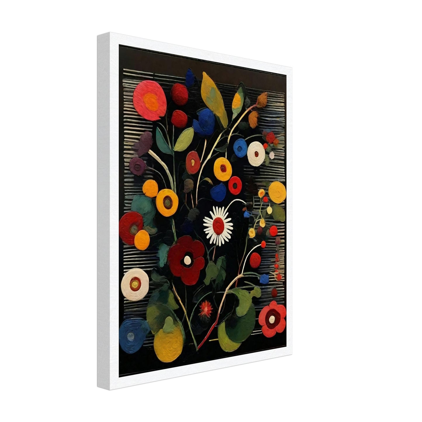 A lively painting featuring an array of colorful circular flowers in red, yellow, blue, and white, set against a dark striped background.