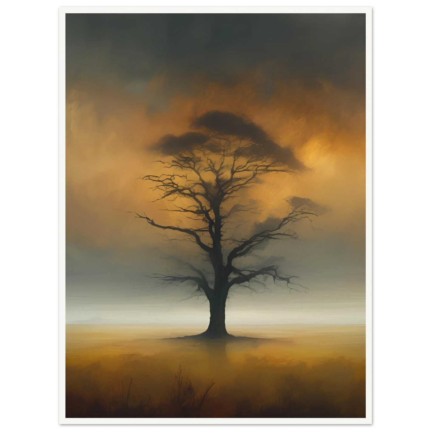A solitary tree with bare branches stands in a foggy golden field, framed by a smoky, glowing twilight sky.