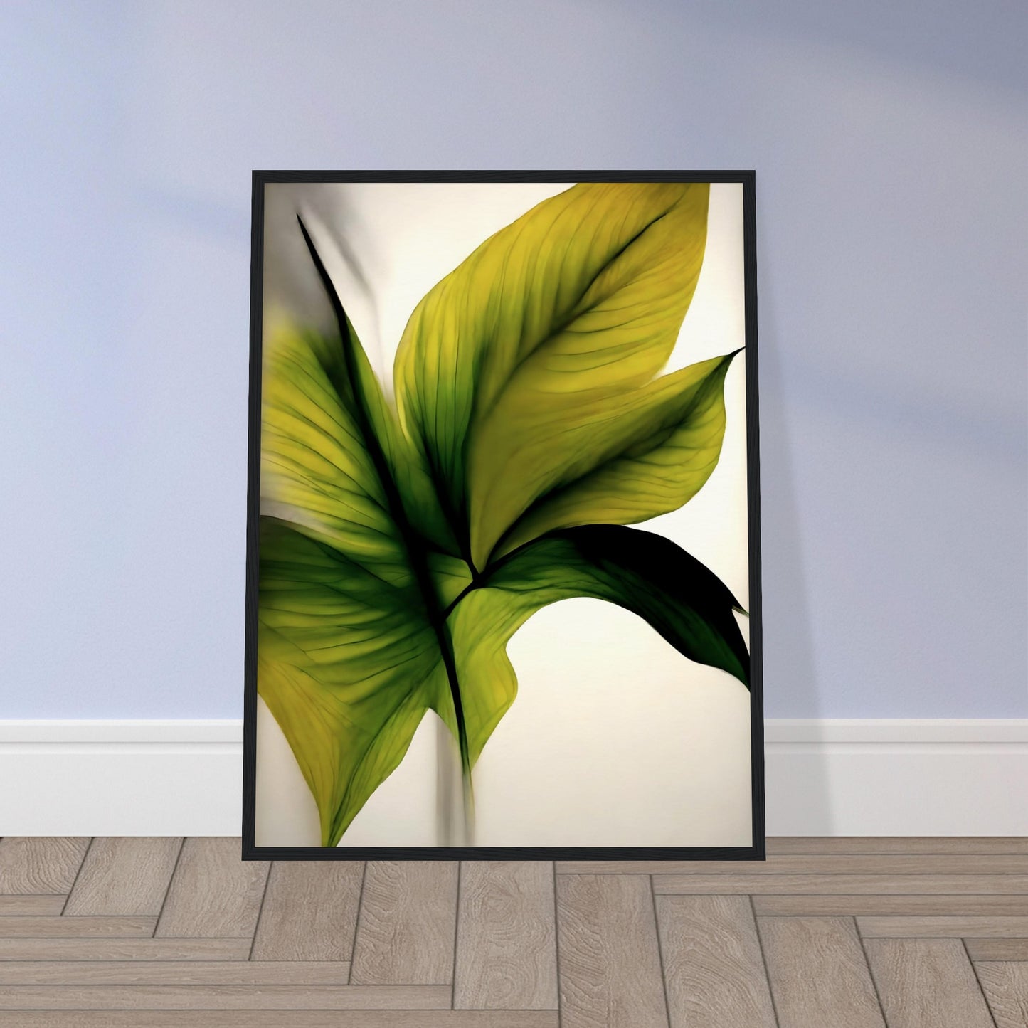 A minimalistic and elegant painting of lush green and golden leaves, highlighting delicate textures and veins against a soft, light background.