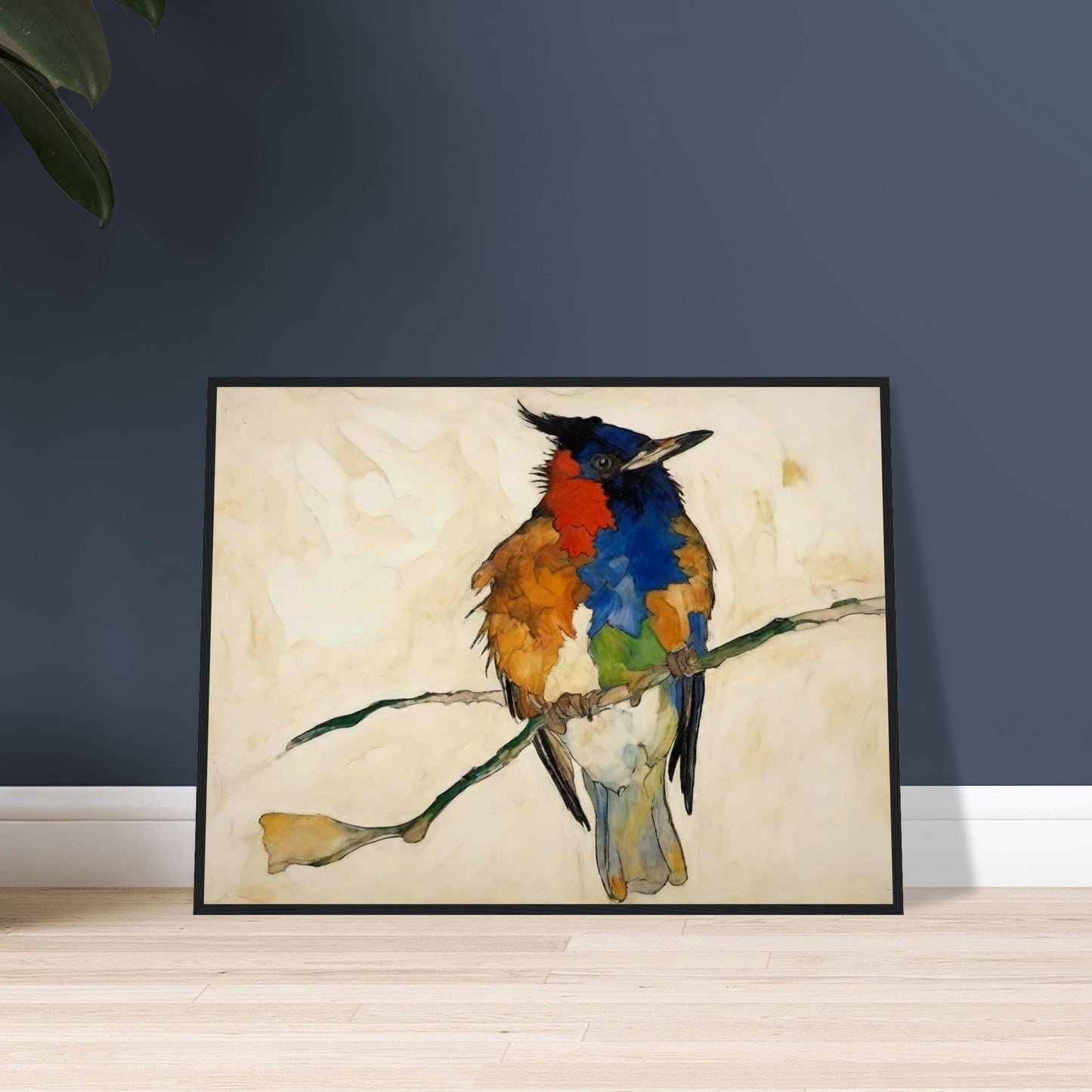 "A vivid painting of a multi-colored bird perched on a branch, with bold patches of red, blue, orange, and green feathers against a light background."