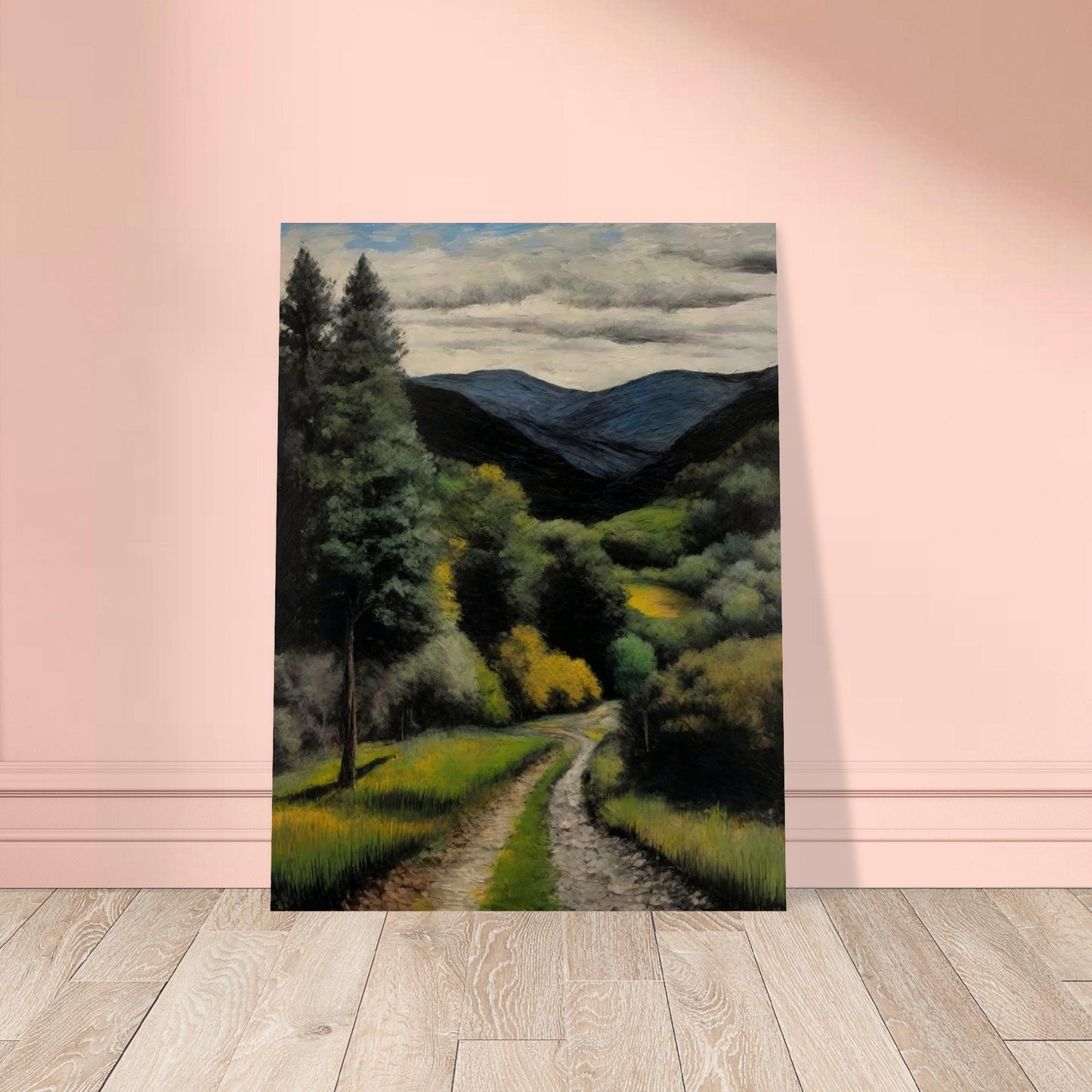 A picturesque landscape painting of a winding path leading through a verdant forest, with tall trees and lush green foliage. In the background, blue mountains rise under a partly cloudy sky, creating a serene and inviting scene.
