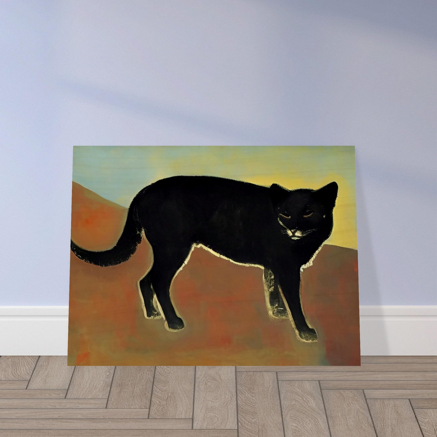 A dark and enigmatic black cat with piercing eyes stands against a warm, earthy backdrop in a minimalist style.