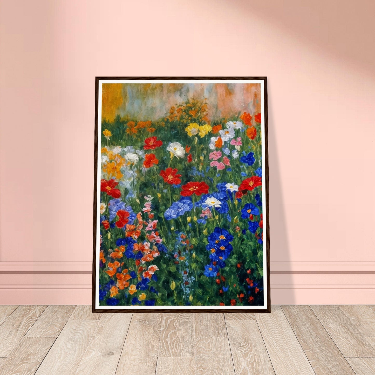 Colorful painting of a blooming garden filled with various flowers in red, blue, and yellow hues against a soft, textured background
