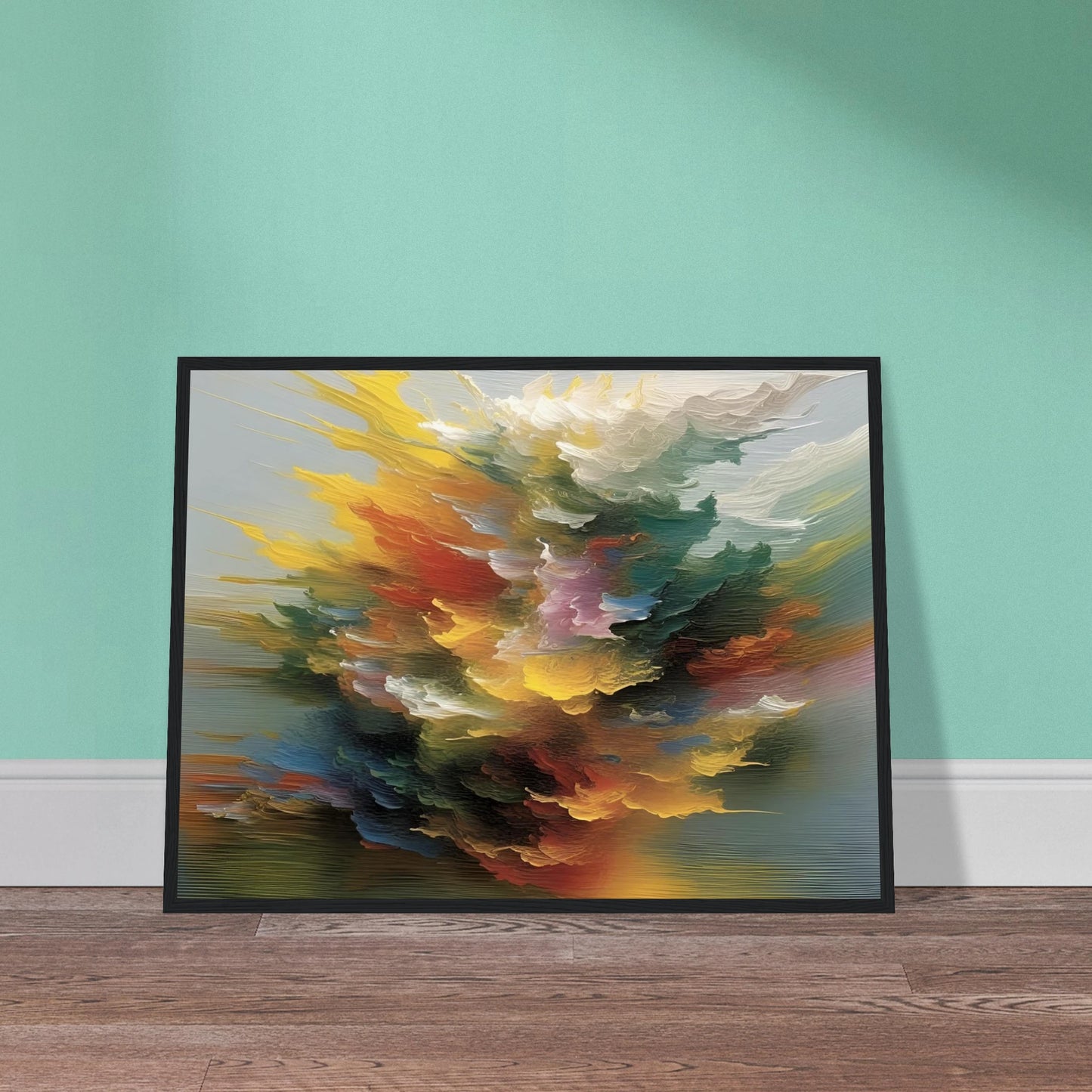 A swirling, radiant burst of multicolored abstract textures, resembling a cosmic explosion or floral cloud in motion.