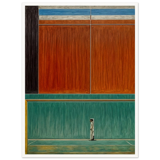 A minimalist painting depicting a solitary figure standing in front of large abstract color blocks.