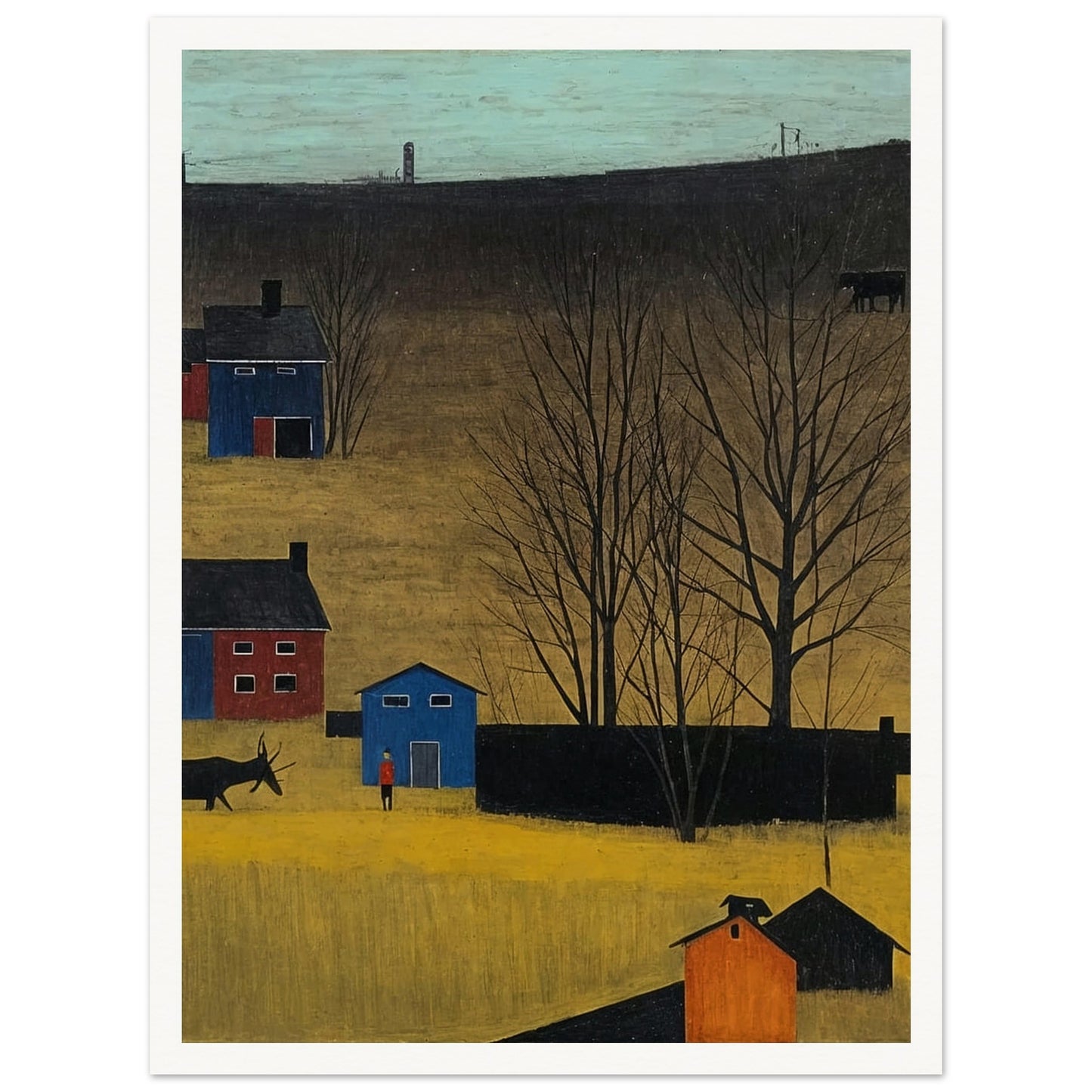 A peaceful rural landscape with houses, trees, and a donkey under a clear sky in autumn.