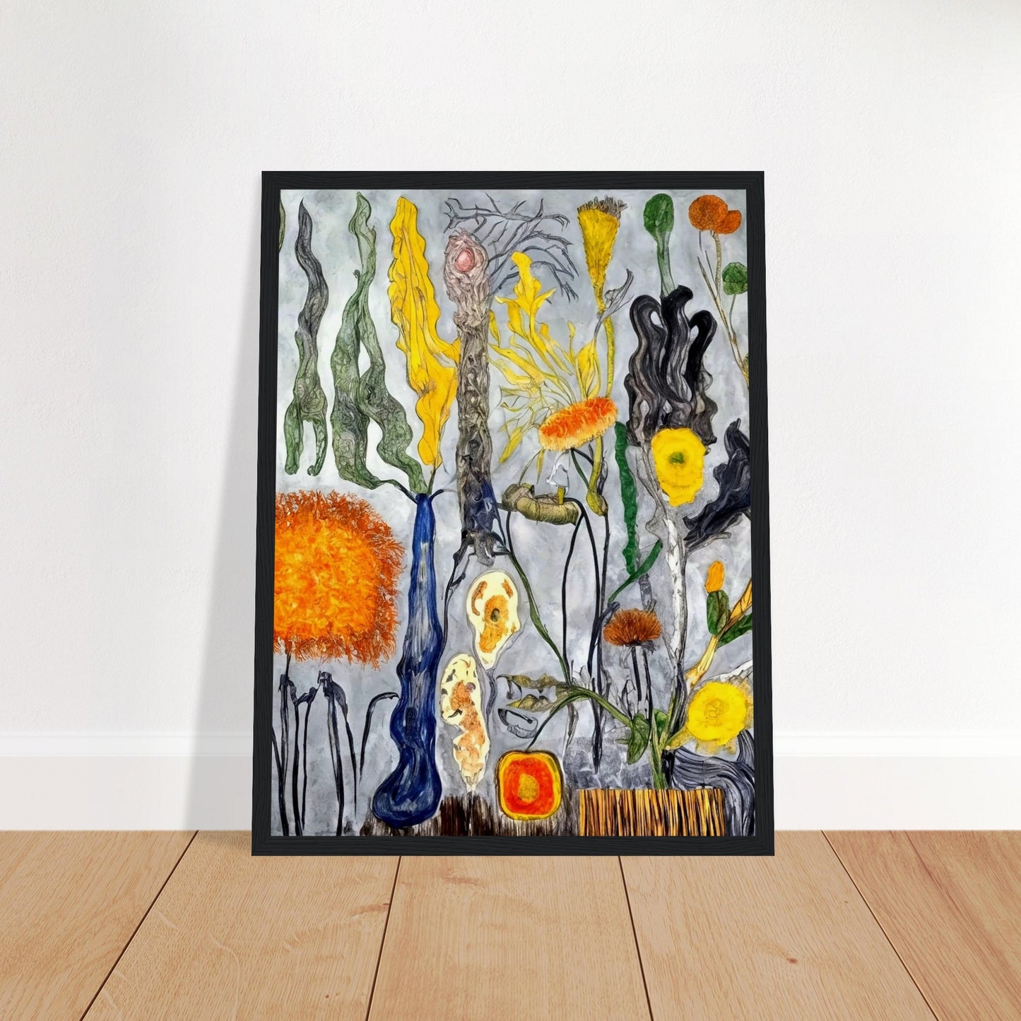 A surreal floral composition featuring abstract shapes and vibrant colors, with twisting, unusual stems and yellow, orange, and green flowers.