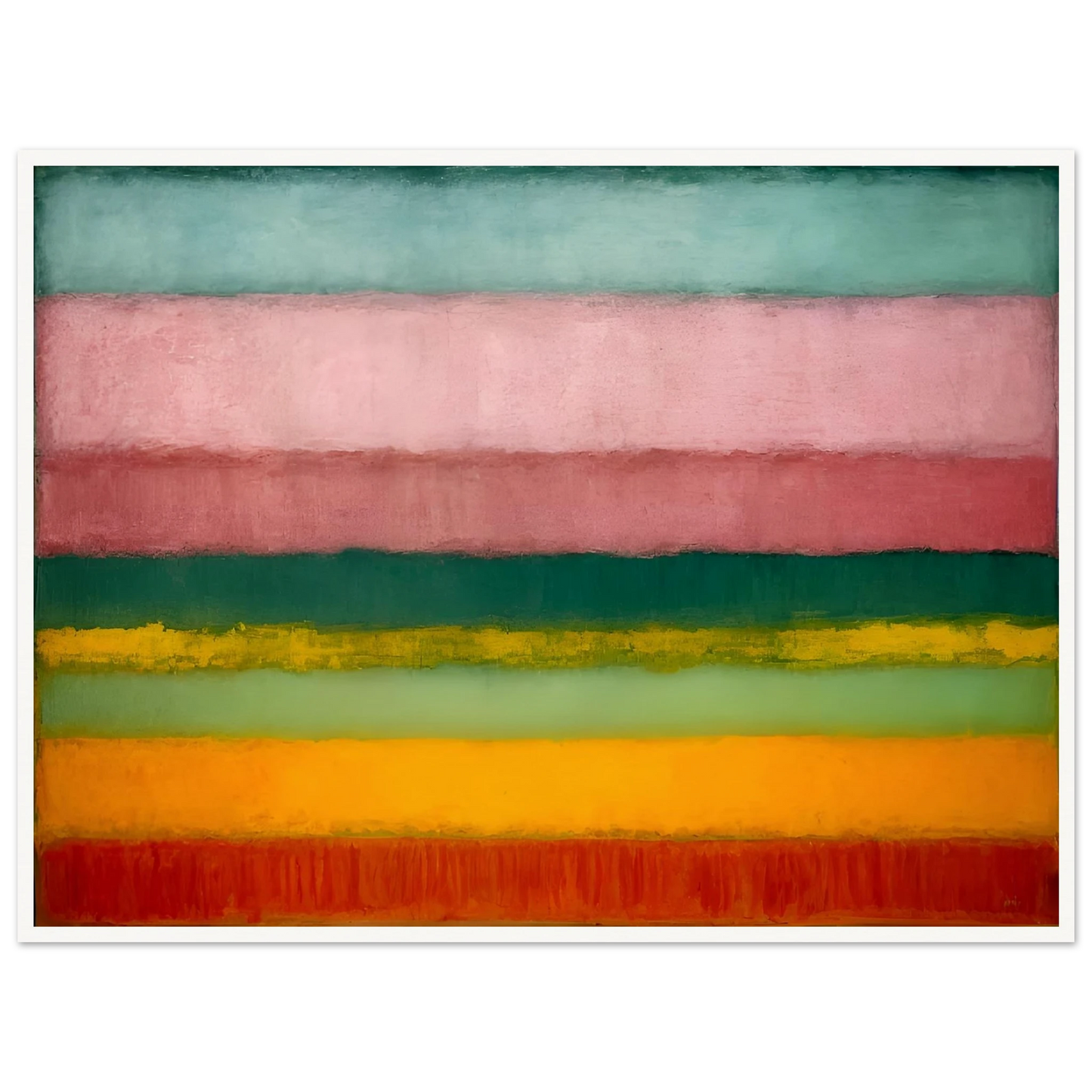 A minimalist painting of horizontal color bands fading softly from one to another in pink, green, yellow, and red tones.