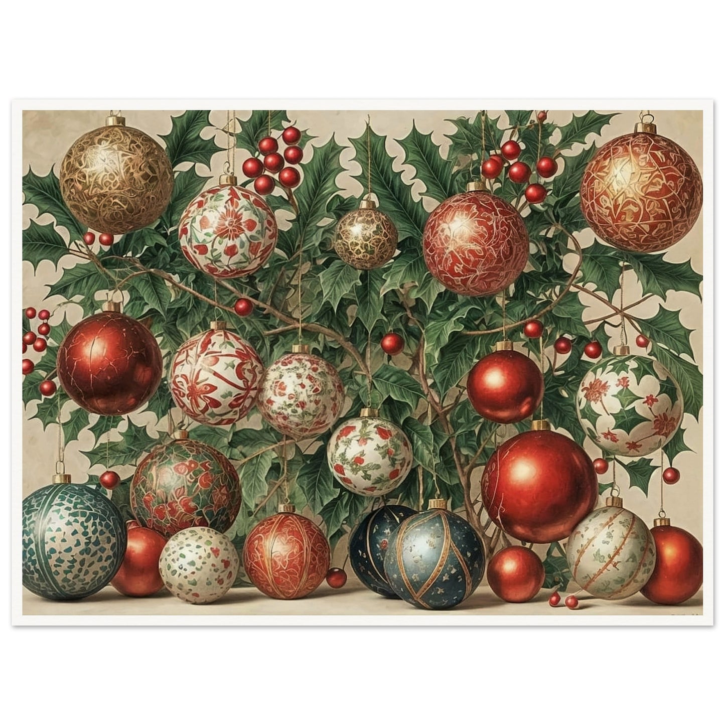 A collection of intricately designed Christmas ornaments in red, gold, and green, hanging from holly branches adorned with berries, creating a festive holiday scene.