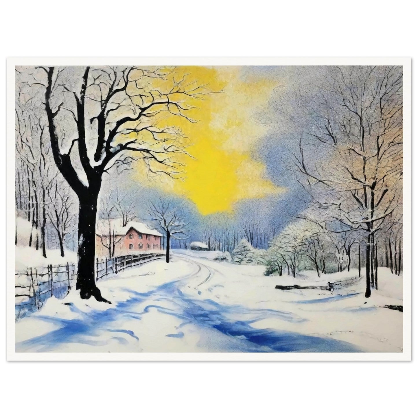 A serene winter landscape with snow-covered trees and a winding path leading to a distant house, illuminated by a warm yellow sunrise against a blue sky.