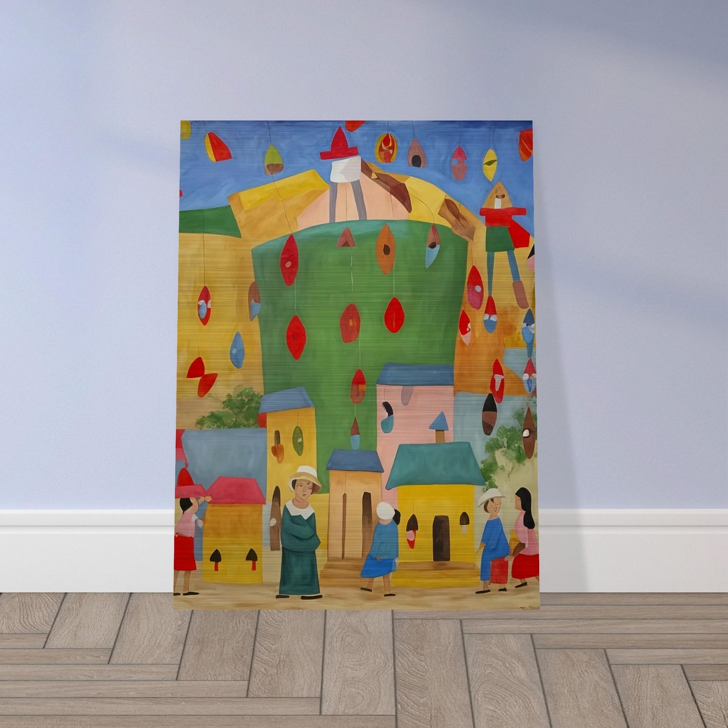 Vibrant painting of a festive village scene with colorful houses and people celebrating under hanging decorations.