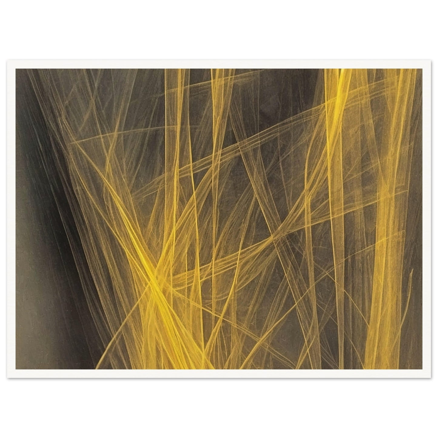 "A striking abstract artwork featuring golden yellow lines interwoven against a dark background, creating an energetic and dynamic visual flow."