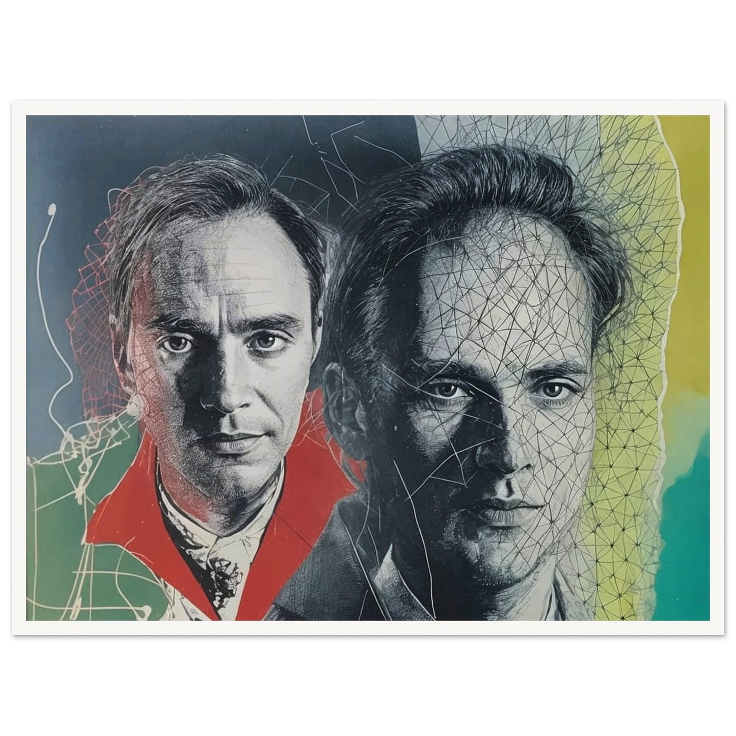 A surreal portrait featuring two faces of the same man, one with a vibrant red collar and the other interwoven with abstract lines.