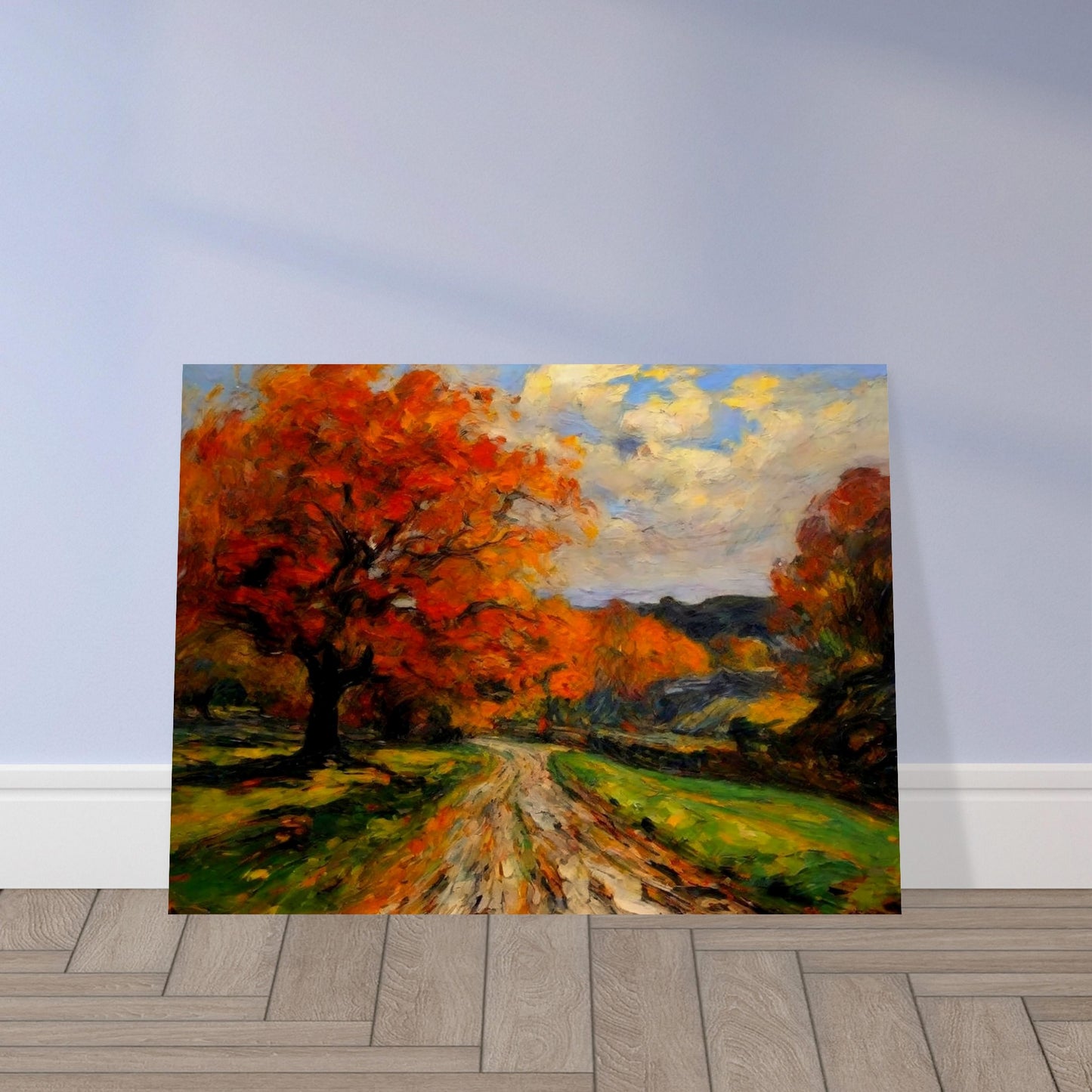 "A beautiful autumn landscape featuring a winding path surrounded by trees with vibrant orange and red leaves under a bright sky."