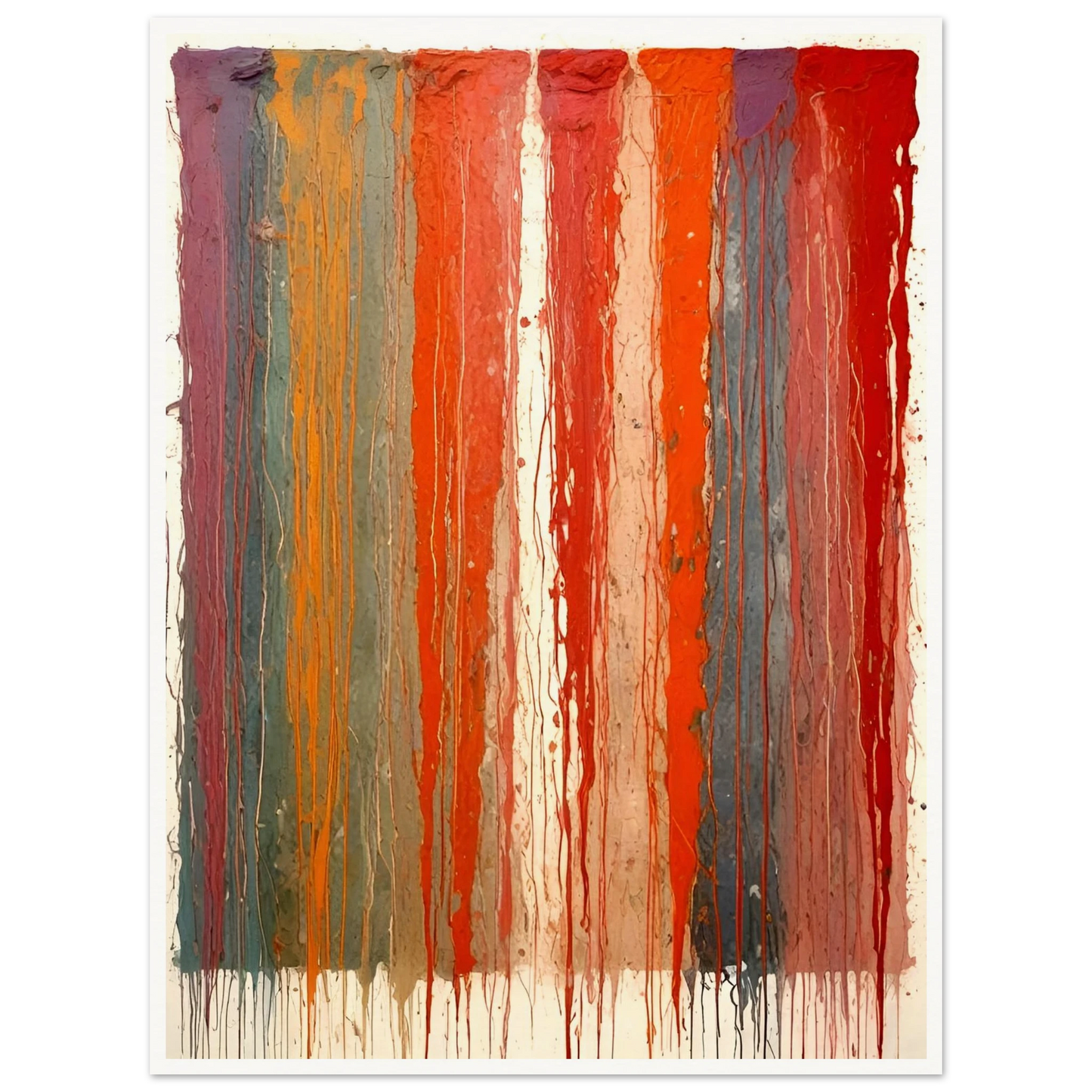 Vertical ribbons of vibrant paint drip down the canvas in layered red, orange, blue, and purple tones against a pale backdrop.