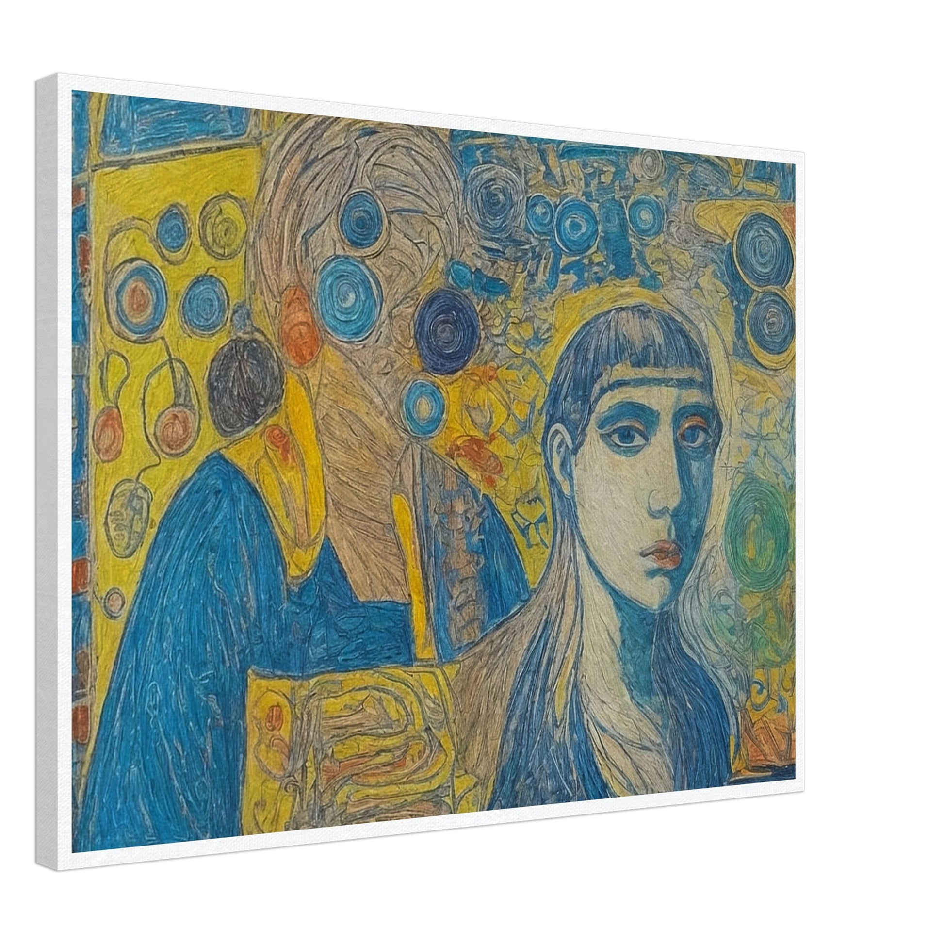 An intricate painting that merges vibrant abstract patterns with expressive human figures, portraying a deep connection between identities and surroundings.