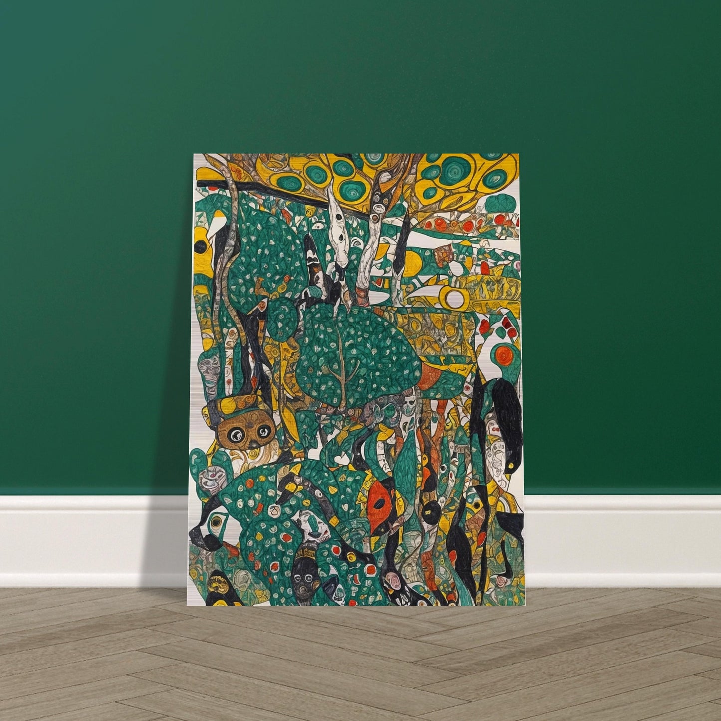 An intricate and colorful painting depicting a whimsical jungle scene with abstract shapes and vibrant green, yellow, and orange hues.