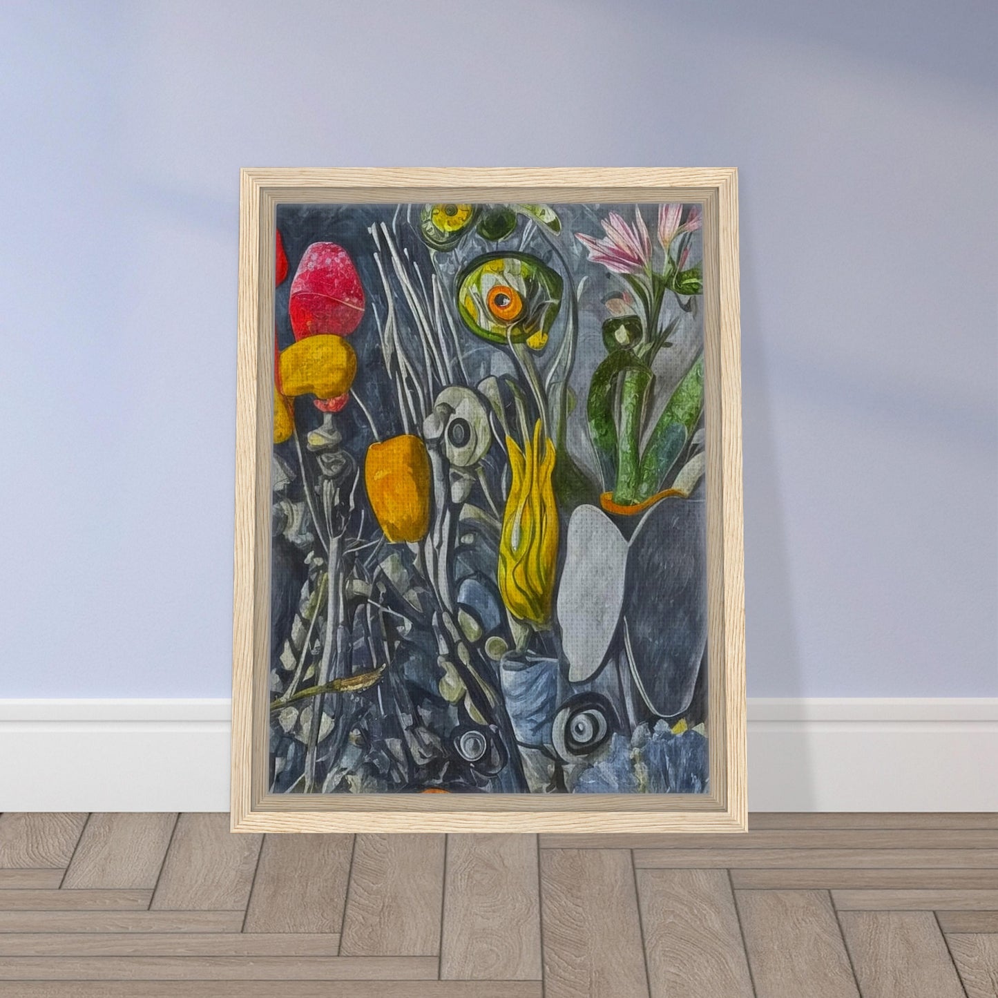 A surreal still-life composition of abstract flowers and plants in vibrant yellows, reds, and greens, set against a textured gray background.