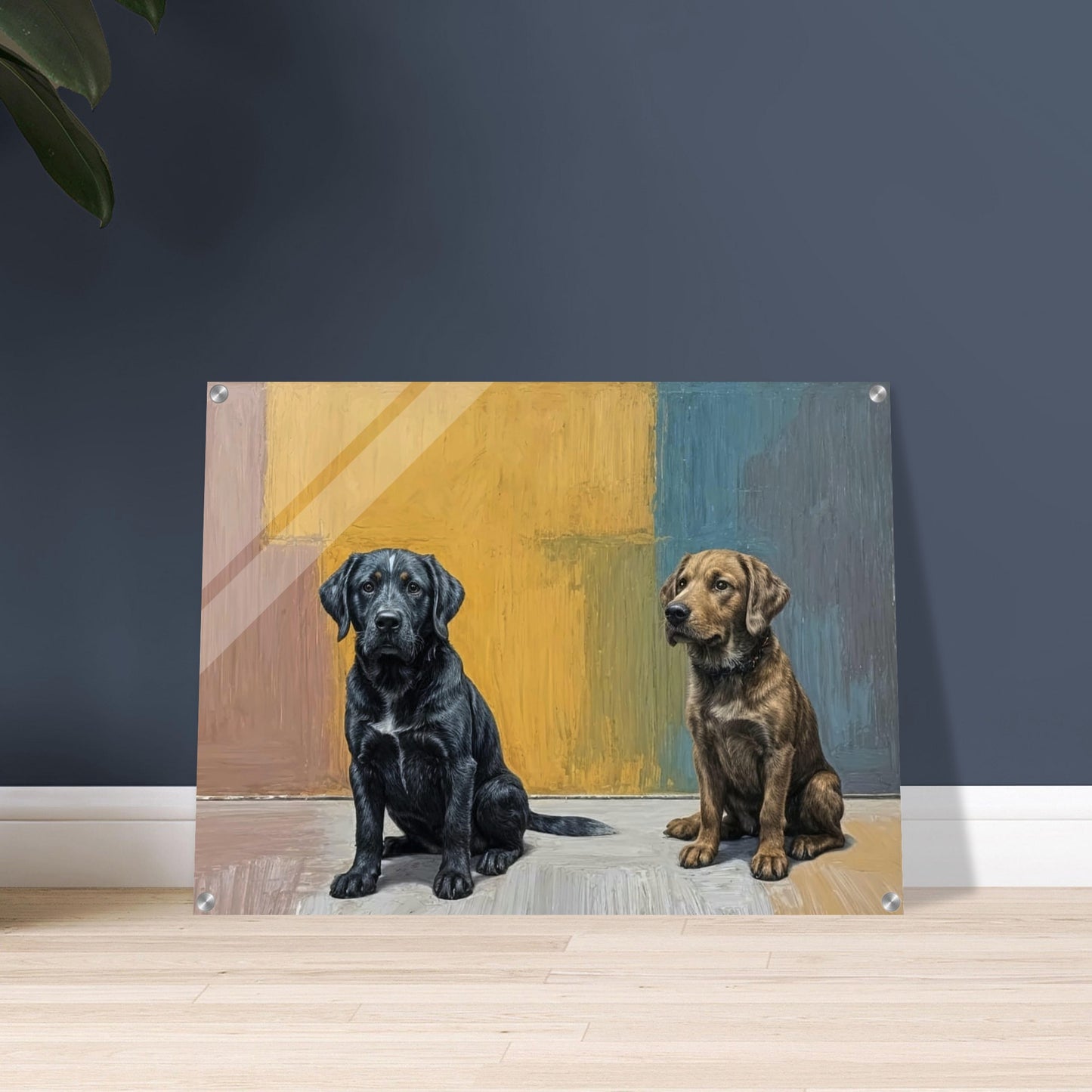 A realistic painting of two dogs sitting side by side against a colorful background, showcasing a black and a brown dog.