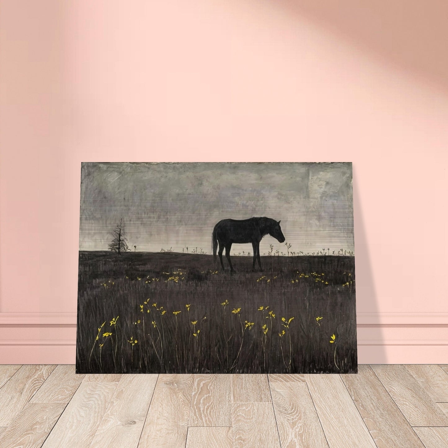 A lone horse in a quiet, almost eerie landscape, with a few scattered yellow flowers adding a touch of color to the scene.