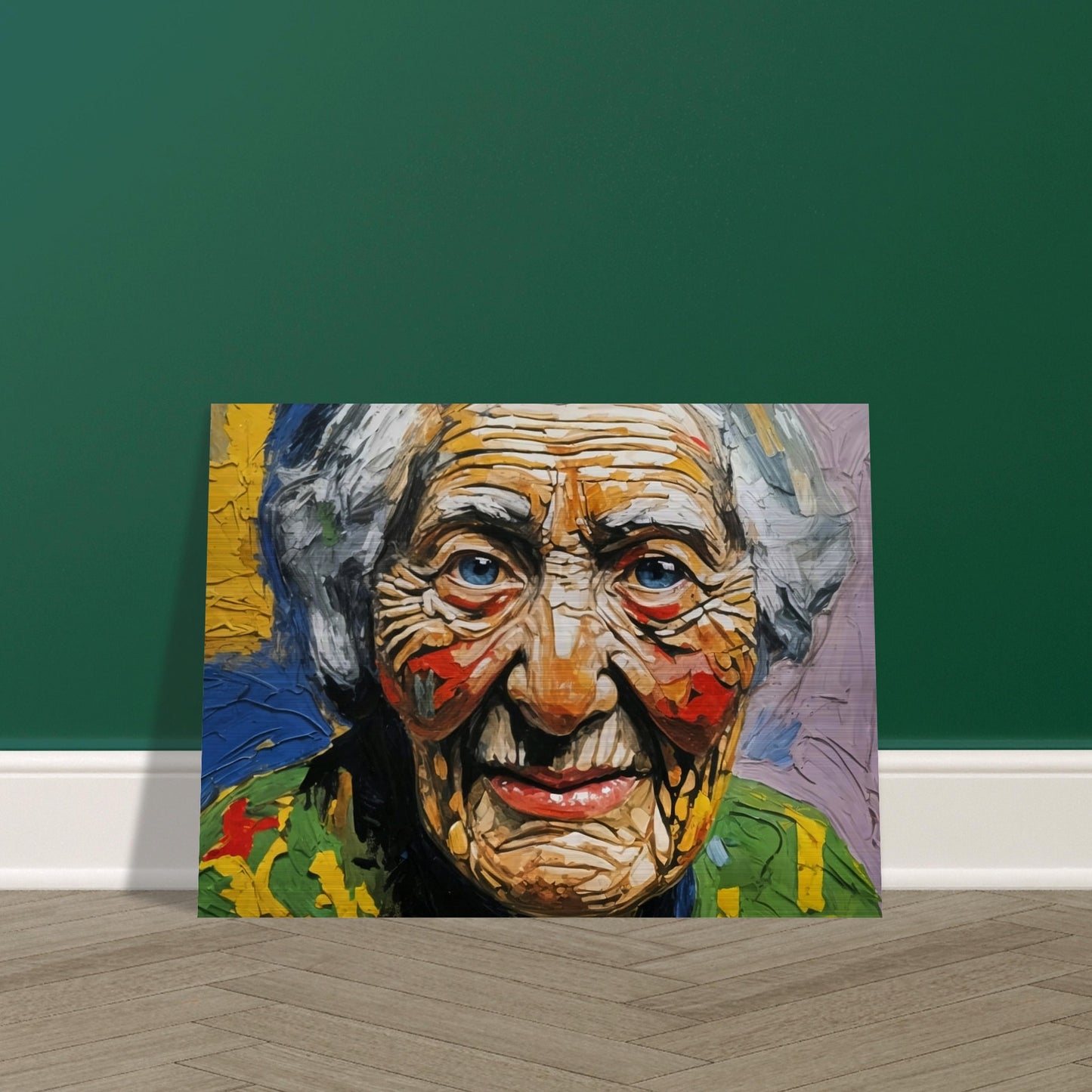 A vivid portrait of an elderly woman with expressive wrinkles and bright blue eyes, capturing the essence of a life well-lived through bold and textured brushstrokes.
