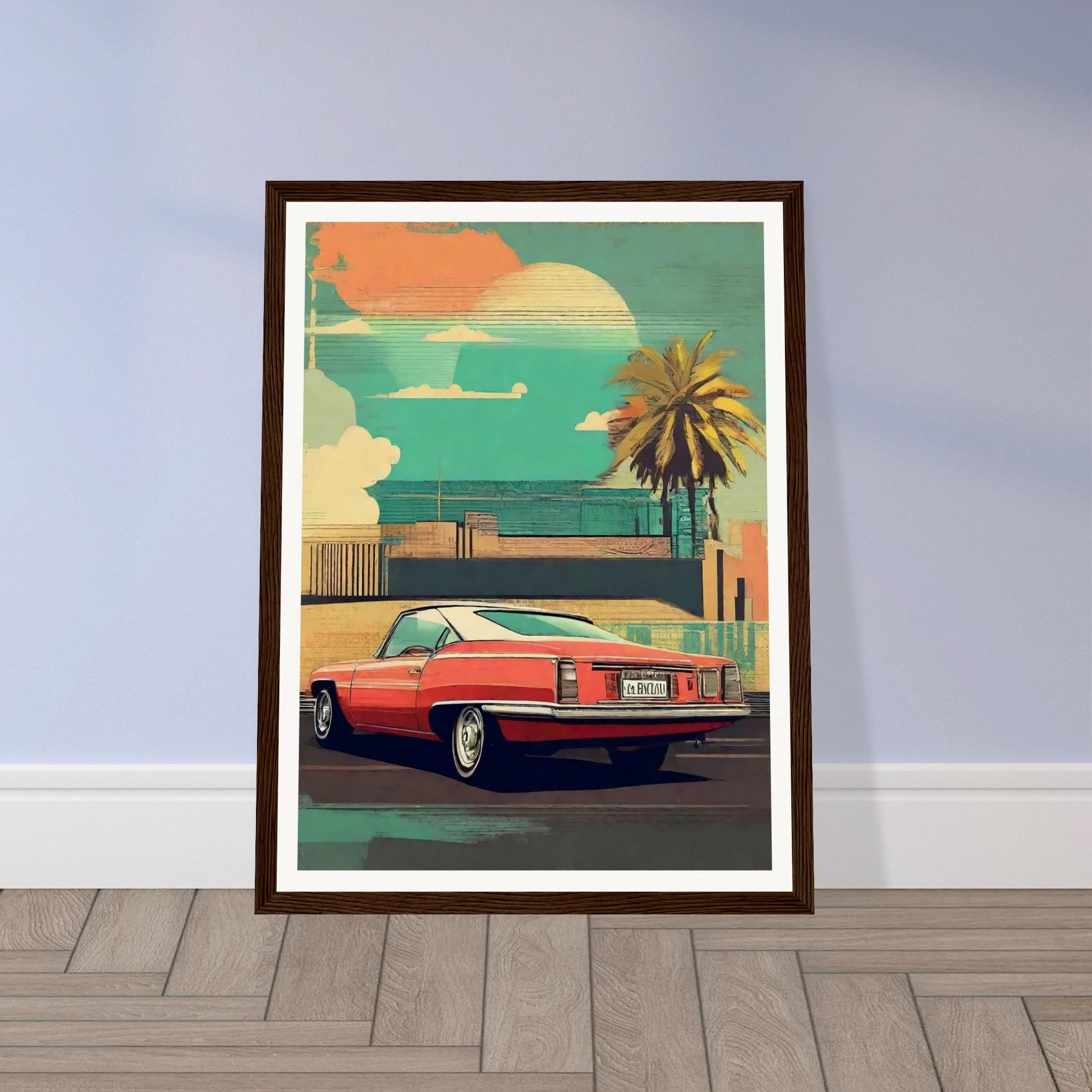 A vintage-style illustration of a red classic car parked near a palm tree with a sunset background.