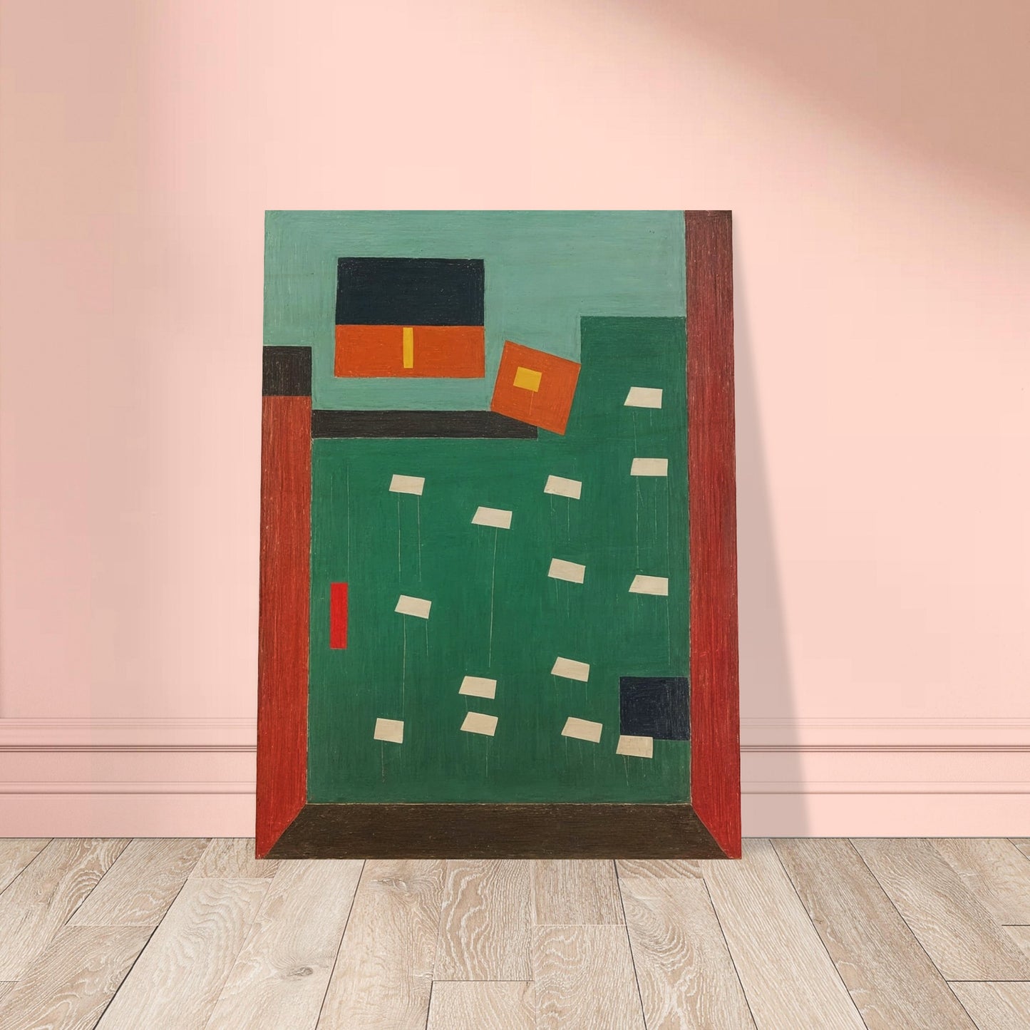 A geometric composition featuring bold blocks of color with shapes suspended in a grid-like pattern, creating a sense of structured order.
