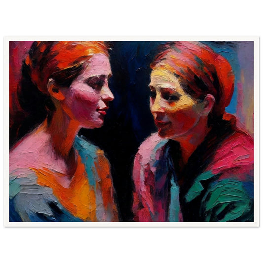 An expressive painting of two women engaged in a deep conversation, using bold and vibrant colors.