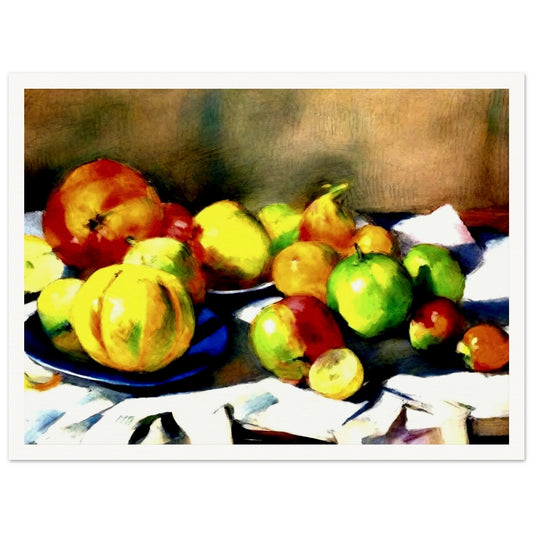 A vibrant still life of assorted fruits in warm tones, including apples, pears, and pumpkins, arranged on a table with soft lighting.