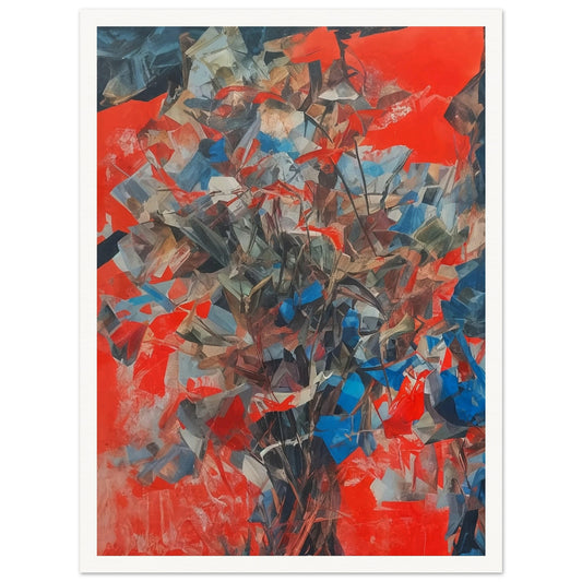 An abstract painting featuring a dynamic arrangement of leaves and branches in shades of blue, gray, and brown against a vibrant red background.