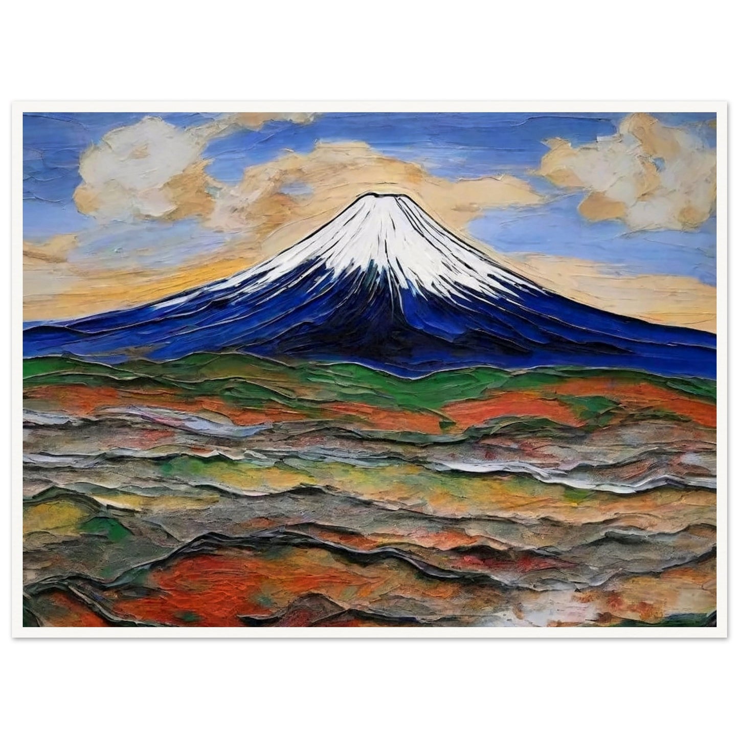 "A breathtaking view of a snow-capped mountain under a colorful sky, with rolling hills in earthy tones spreading out below."
