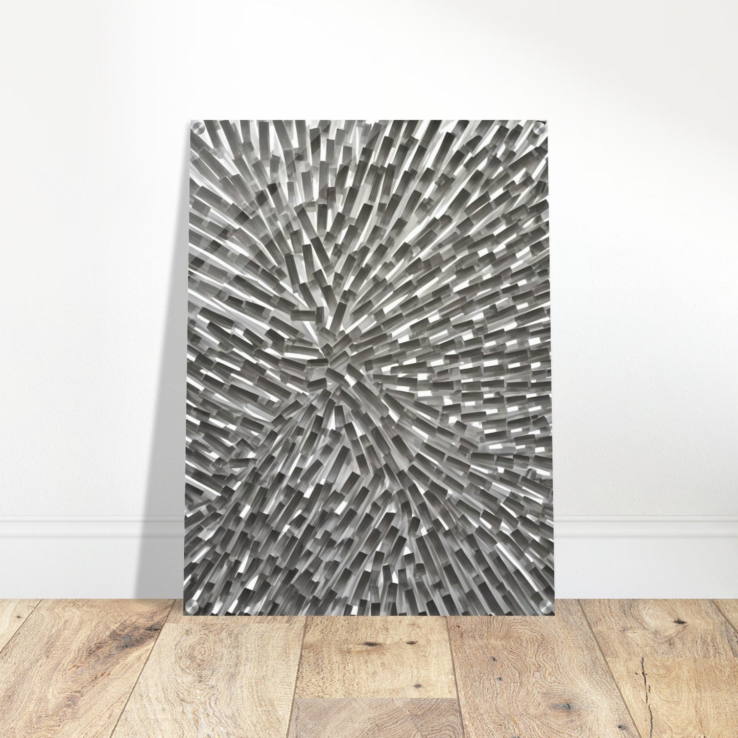 An abstract monochromatic artwork featuring a dynamic arrangement of geometric rectangular blocks radiating outward in a burst-like pattern.