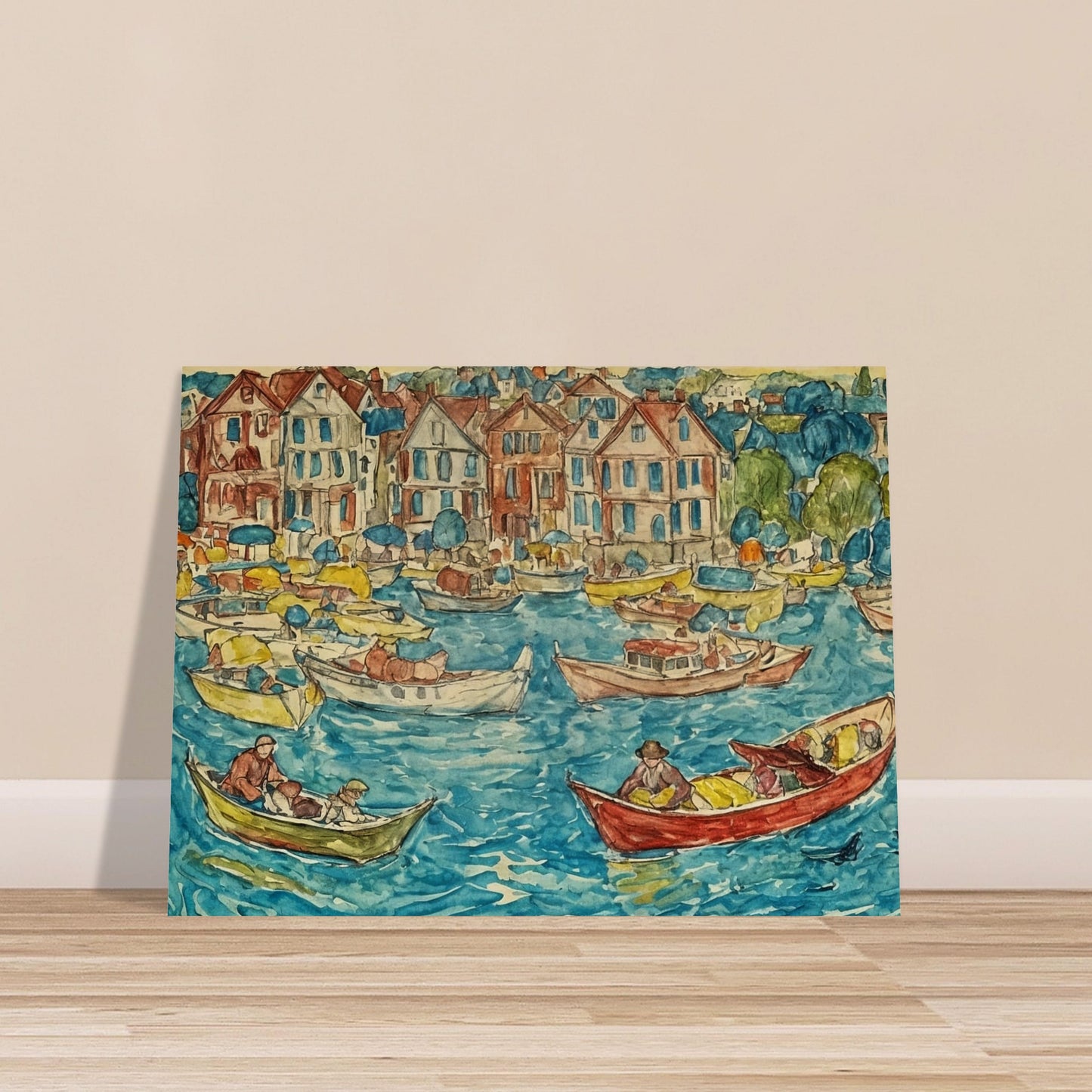 Colorful depiction of a lively harbor with boats and people on a sunny day, with charming houses lining the waterfront.
