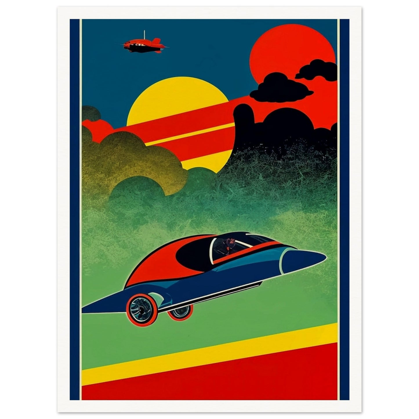 A vibrant, retro-futuristic artwork depicting a sleek, flying car soaring through a colorful sky with bold geometric shapes and a distant plane.