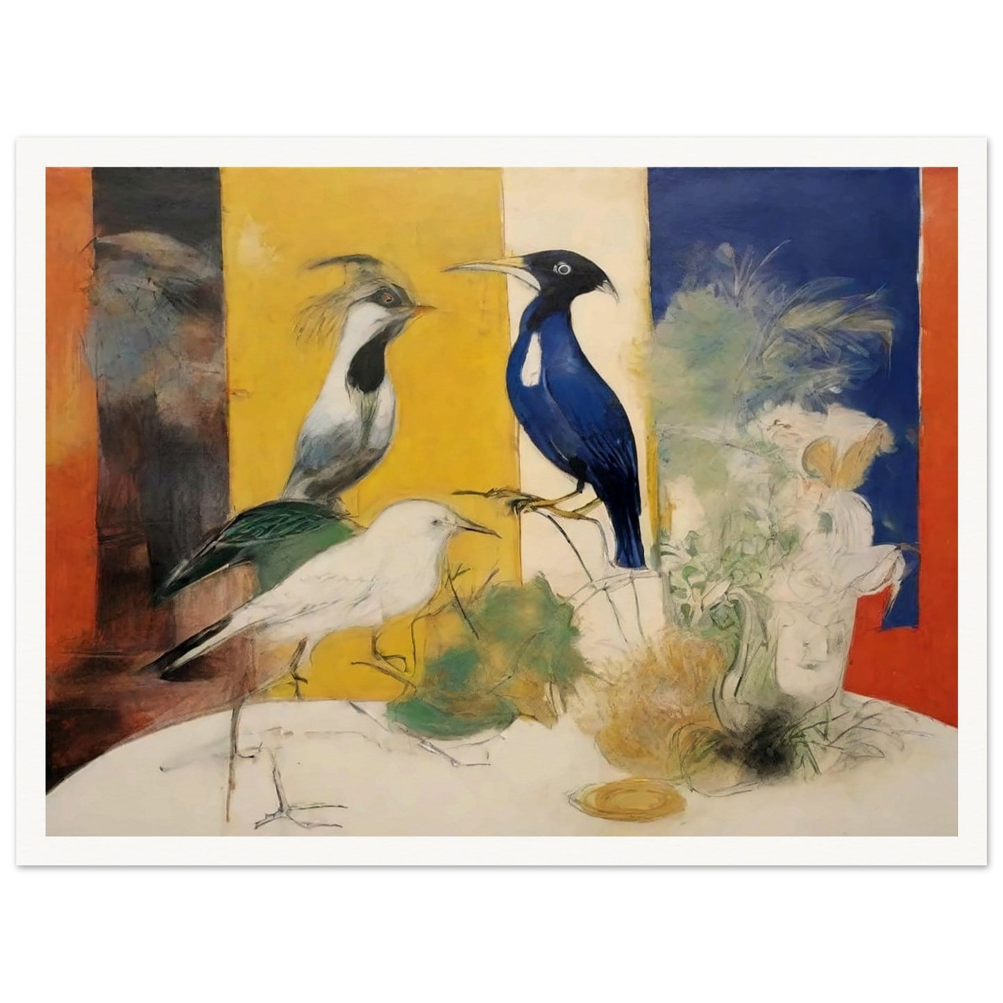 "A striking composition featuring three birds in front of bold color panels, with delicate sketches of plants and flowers surrounding them."