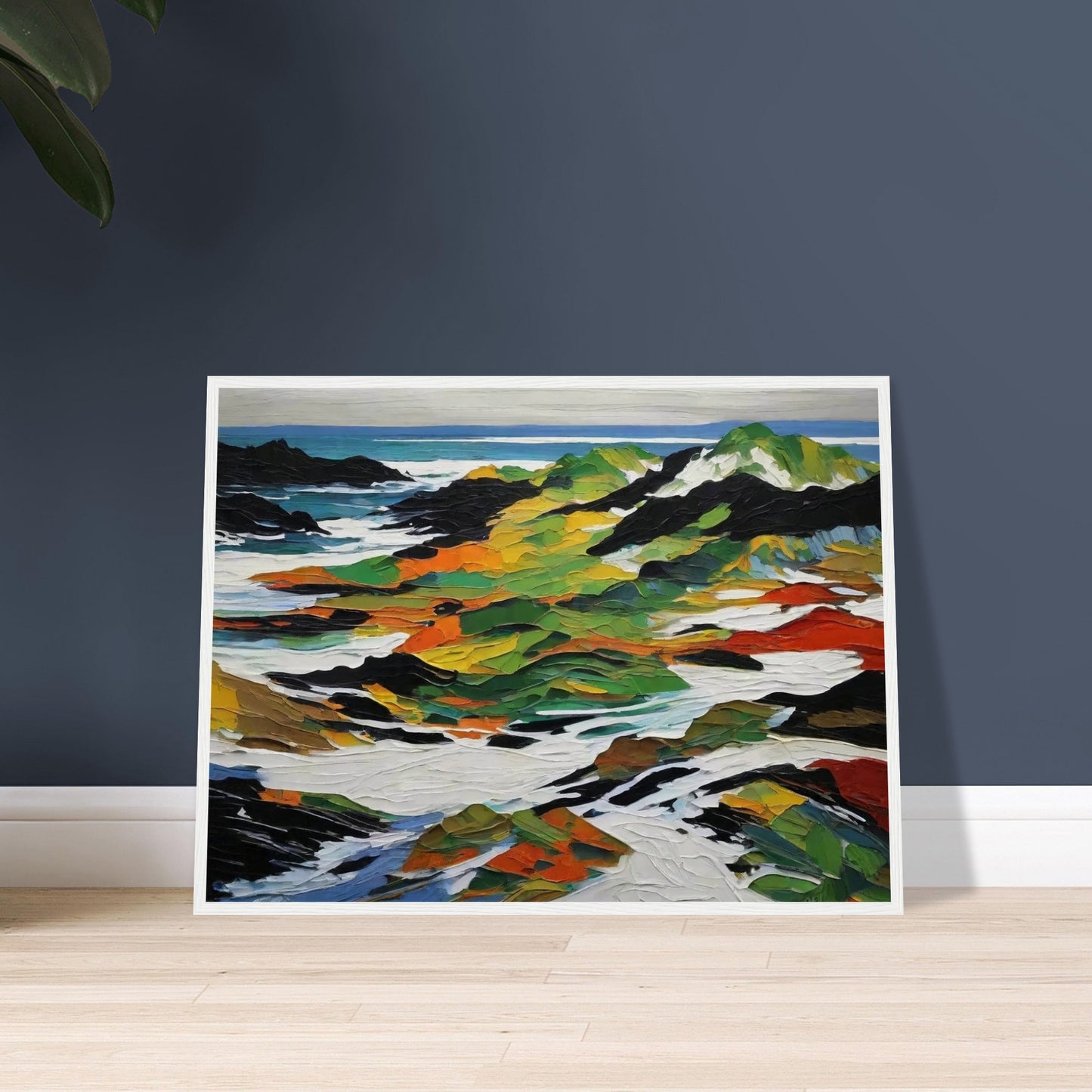 An abstract painting depicting a vibrant coastal landscape. The scene features bold, textured strokes in greens, oranges, yellows, and blacks representing rocky outcrops and vegetation, contrasted with white and blue areas symbolizing the sea and sky.