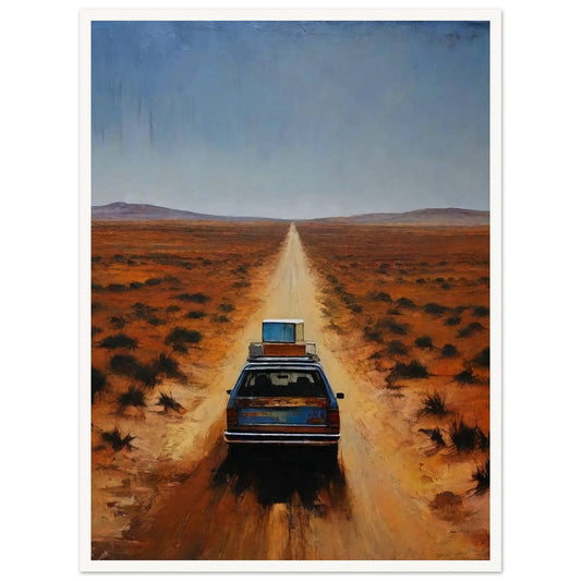 A car driving down a long, desolate road in a vast desert landscape under a clear blue sky.
